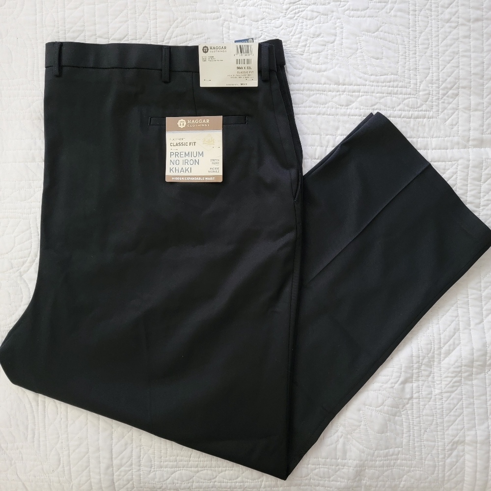 NWT Haggar Big & Tall Premium No Iron Stretch Khaki Pants Black 56W 32L